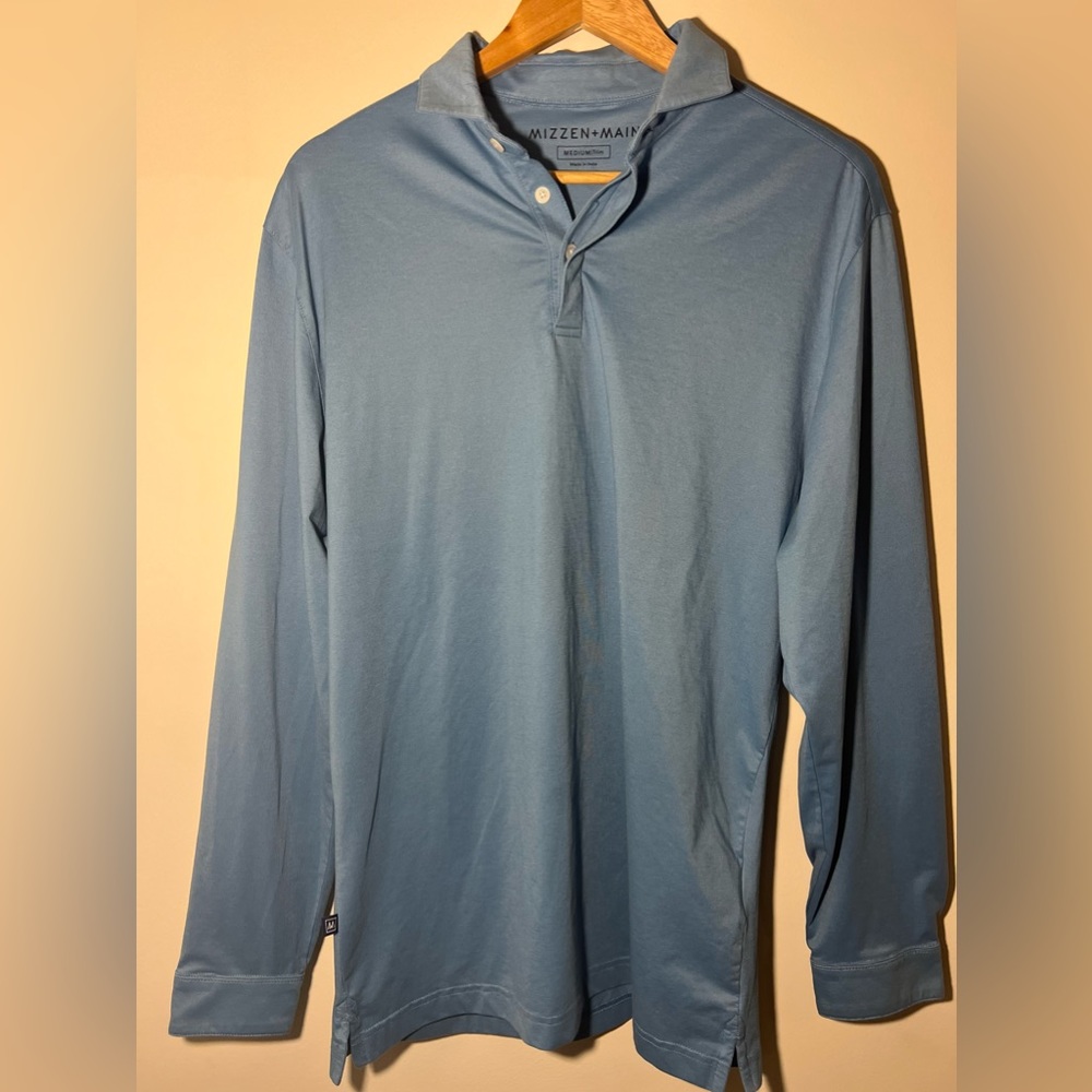 Mizzen + Main Stretch Long Sleeve Solid Polo Blue Men Medium Trim